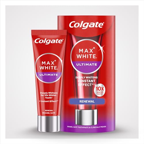 Colgate Max White Ultimate Renewal Toothpaste, At Home Whitening Toothpaste Clinically Proven to Instantly* Whiten Teeth and Reverse 15 Years of Stains**, 75ml Tube