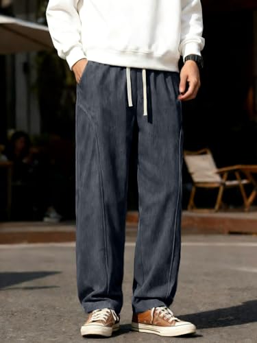 Elegant Seal Men's Corduroy Wide Leg Fashion Casual Pants Loose Fit Baggy Straight Sweatpants Elastic Waist Drawstring Grey — view 3
