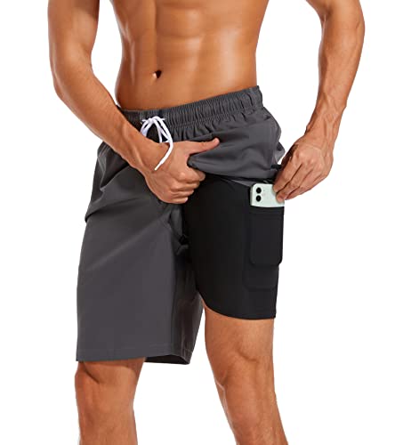 Difficort Mens Swimming Trunks With Compression Liner Quick Dry Swimwear Beach Shorts With Zipper Pockets,Dark Grey,Large #TOP3