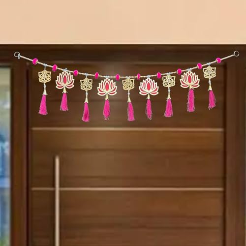 Image of iHandikart Decorative Toran for Door, Handmade Lotus Bandhanwar with Pink Tassels & Beads, Traditional Indian Door Hanging for Diwali, Wedding & Home Decoration Size (40 Inch)