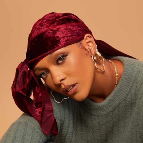 KISS COLORS & CARE Power Wave Crushed Velvet Durag - Burgundy, Maximum Wave Formation, 360° Waves, Super Durable, Strong, Sleek & Stylish, High Compression, Extra Long Tails