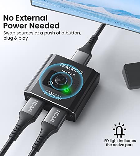 HDMI Splitter, HDMI Switch 4K@60Hz, Aluminum Bi-directional HDMI Splitter 1 in 2 Out/2 in 1 Out, HDMI2.0 Switcher Support 4K 3D 1080P, HDCP 2.2, HDR,UHD for Xbox,PS4/5,Blu-ray,TV,Fire Stick, Projector