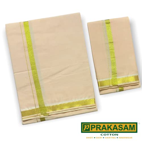 Image of PRAKASAM COTTON Mens Colour Jari Cotton dhoti and Angavastram Set (1.30X2.00 Meter Dhoti, 36X1.80 towel)