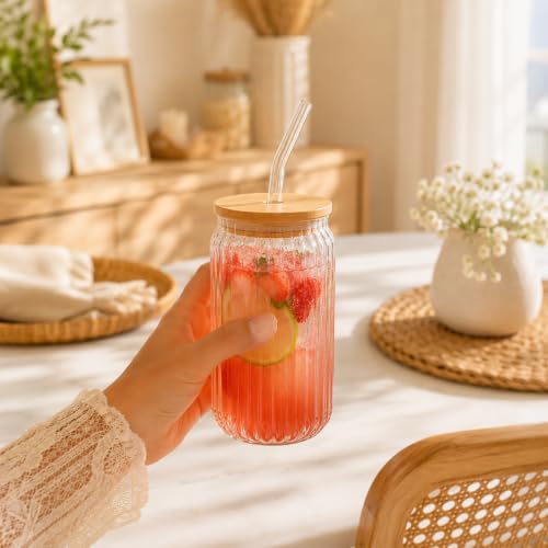 Image of Drinking Ribbed Glasses Tumbler with Bamboo Lid and Straw (Pack of 2), 400ml Travel Cocktail Glass Sipper Bottle for Juice Boba Iced Tea Coffee Hot Cold Drink Cup