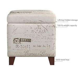 Adeco fabric script pattern cube storage footstool hinged lid solid wood legs 18 height ottomans storage ottomans cream white  urban country home decor