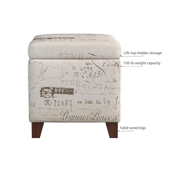 Adeco fabric script pattern cube storage footstool hinged lid solid wood legs 18 height ottomans storage ottomans cream white  urban country home decor