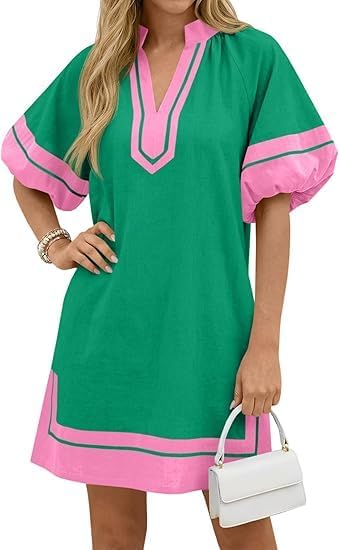 Womens Summer Mini Dress Puff Sleeve Casual V Neck Color Block Side Slit Loose Shirt Dresses with Pockets