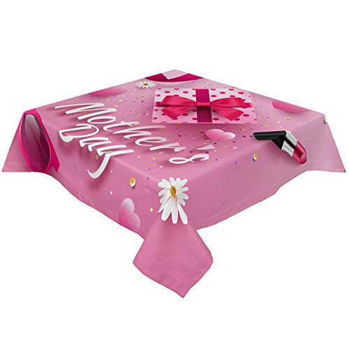 Mothers Day Tablecloth Stain Resistant Washable Rectangle Table Cloths for Home Dining Room Outdoor Picnic Use 53x53inch Gifts Lipstick Glasses Ribbon Daisy