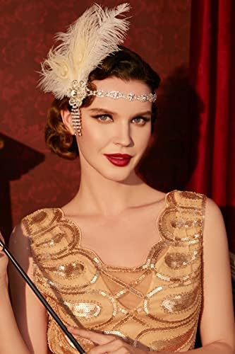 BABEYOND Women's Peacock Feather Headband 1920s Flapper Headpiece Vintage Headband with Crystal Great Gatsby Accessories for Pageant Themed Party Wedding White(Size: One Size)