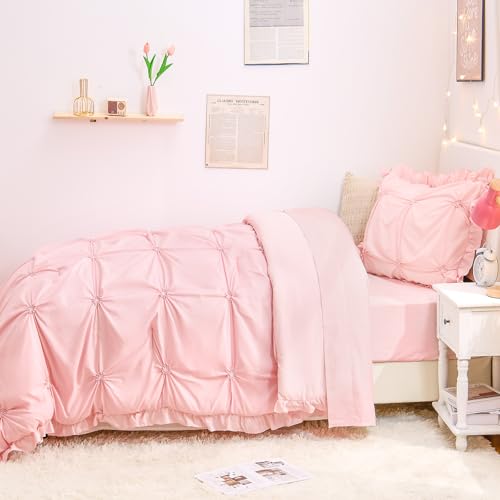 Image of Twin Comforter Set for Girls, Boho Pintuck Bedding Comforter Sets, 4 Pieces Ruffles Jacquard Embroidery Twin Bedding Sets with Comforter, Fitted Sheet, Flat Sheet and Pillowcase, Pink