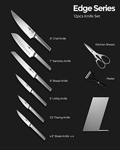 Knife Set, Ipurehome® Kitchen Knife Set With Block, Professional Dishwasher Safe 12 Pcs High Carbon Stainless Steel Block Knife Set With 4 Steak Knives, 1 Peeler, 1 Scissor, Non-Slip Hollow Handles #TOP2