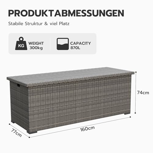 Amopatio 870L Gartenbox Auflagenbox wasserdicht, Kissenbox outdoor aus Polyrattan, Aufbewahrungsbox Metall mit Gasdruckfedern, Gartenkiste wetterfest für Garten, Balkon, Grau
