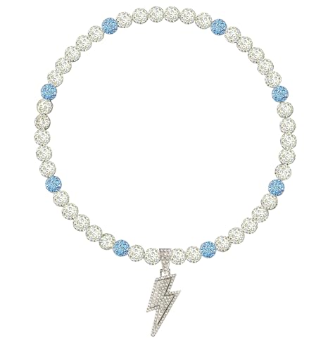 NUSTTAL Baseball Necklace 18 Inch Lightning Bolt Pendant for Men Women Bling Ice Collection | Rhinestone Clay Beaded Discoball Design | Gifts for Baseball Team Players Lovers | White/Blue