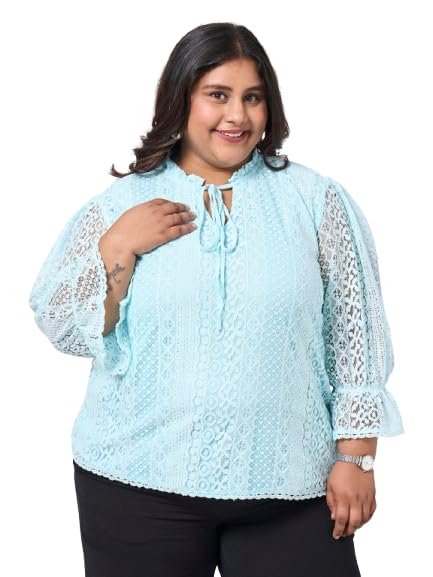 style quotient Womens Self Design Tie-Up Neck Puff Sleeves Lace Cotton Plus Size Top-picture-11