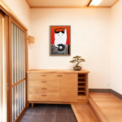 木子誉絵画館 アートパネル ポスター DJの猫（白） 動物画 絵画 インテリア おしゃれ ウォールアート 猫の絵 玄関 階段 廊下 寝室 リビング 壁飾り 木目調フレーム付きの完成品（40×30cm） [3]
