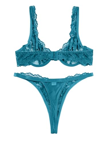 Image of Lilosy Sexy Floral Lace Scallop Underwire Push Up Sheer Lingerie Set Outfits