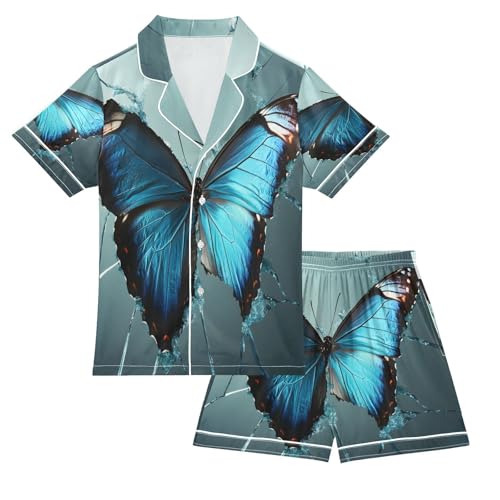 ALAZA Blue Butterfly 3d Satin Pajamas Set Short Sleeve Button Down Sleepwear Summer Pjs 2 Piece