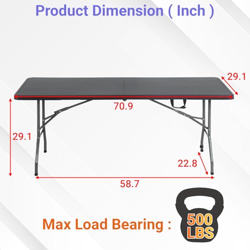 Image of FDW 6FT Folding Table, Portable Fold-in-Half Plastic Picnic Party Table with Carrying Handle (Black, 6FT)