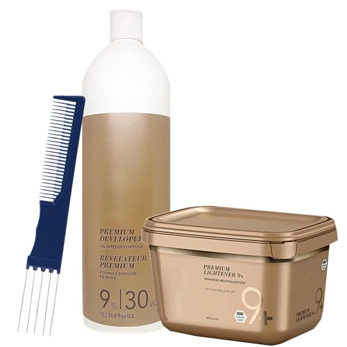 BlondeMe Lightener 9+ Premium Bleach 450g, Blonde Me Developer 9% 30 Vol 1L with Dual Purpose Comb – Professional Hair Bleach Kit for Blondes, Highlights, Balayage (Bundle)