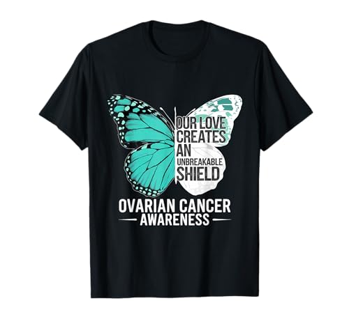Ovarian Awareness Cinta verde azulado Escudo irrompible Mariposa Camiseta