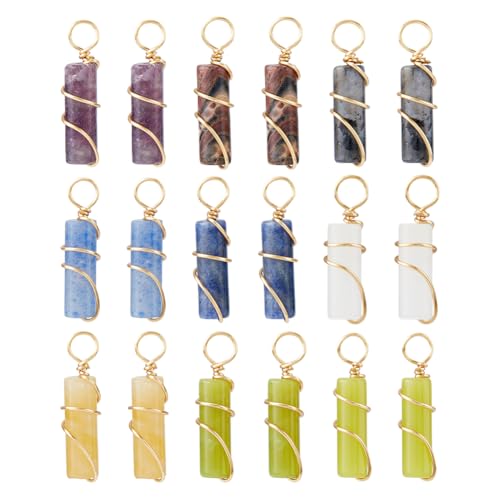 SUPERFINDINGS 18Pcs 9 Styles Gemstone Pendants Column Natural Mixed Stone Charms with Light Gold Copper Wire Wrapped Crystal Stone Pendants Charms for Earring Necklace Bracelet Jewelry Making