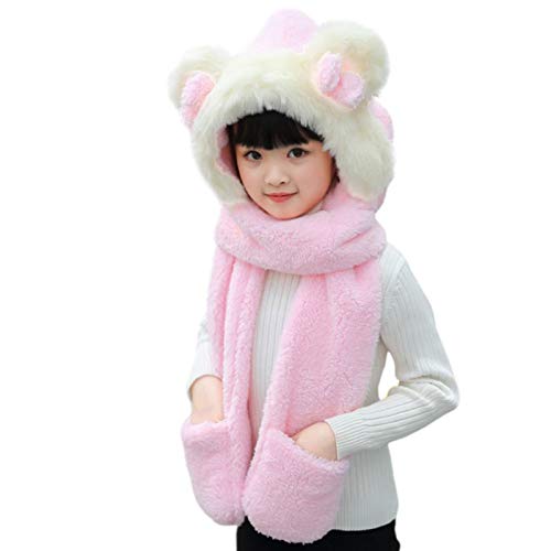 Dsgzkk Hat,Cute Winter Warm Cartoon Plush Hat with Scarf Pocket Gloves Hoodie 3 in 1 Warm Plush Winter Hat for Kids