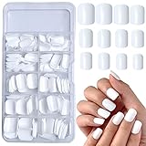 Bellelfin 240pcs Short Press on Nails Full Cover Short Square Fake Nails White Glossy Acrylic Artificial False Nail Tips with 5 Sheets Adhesive Glue Tabs for Women and Girls Fingernails Design