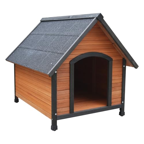 OAFNLWU 天然杉材 木製 犬小屋 犬舎 屋外用 中型～大型犬対応 アスファルト屋根 防水 防寒 遮光 通気性すのこ底板 取り外し可能 脚付き 高さ調整アジャスター付き ペットハウス 組立簡単 野良猫対策 夏冬快適 庭用 diy ペット用品 ライトブラン L - OAFNLWU - 商品画像