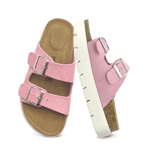 Women's Suede Flat Sandals,Arch Support Slides with Adjustable Buckle Straps,Memory Foam Insole & Cork Footbed Platform Heel Slide for women,Casual Su