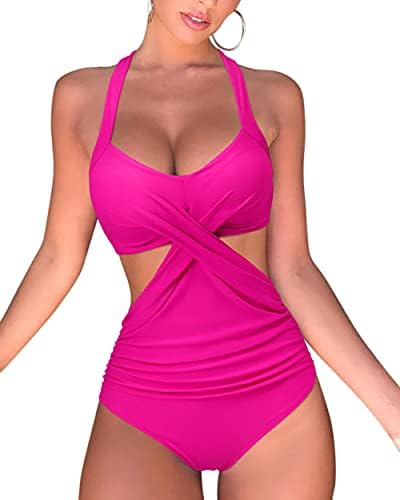 OMKAGI Women Crisscross One Piece Swimsuit Halter Push Up High Cut Monokini Swimwear(L,4618-Hot Pink Built-in Pads)