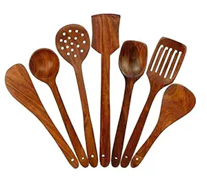 Simran Handicrafts Wooden Serving and Cooking Spoons Wood Brown Spoons Kitchen Utensil Set of 7