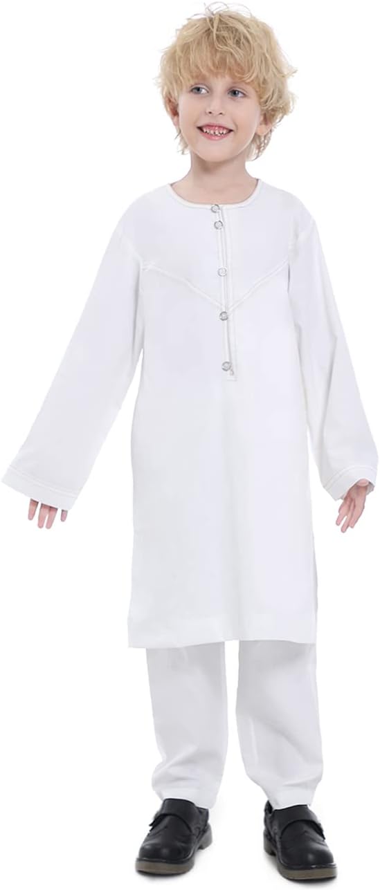 Boy's Muslim Arabic Kaftan Set - Middle East Clothing Long Sleeve Youth Boys' Solid Color Robe Suit Islamic Thobe