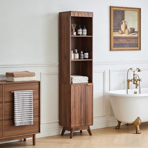 71" Tall Narrow Bathroom Storage Cabinet with Door, Small Fluted