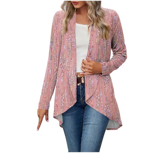 Draped Cardigan for Women Trendy Sequins Print Open Front Loose Long Sleeve 2025 Fall Casual Lightweight Kimono Jackets