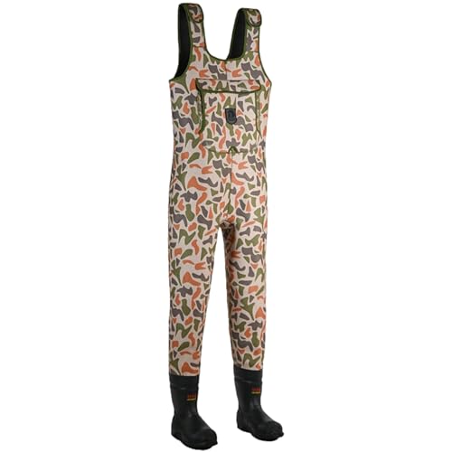 Gator Waders Mens Retro Neoprene Chest Waders for Men - Ultimate Mobility with Extra Roomy Inseam & High-Rise - Adjustable Shoulder Straps - Hand Warmer Pockets (King 12 Old School Camo)