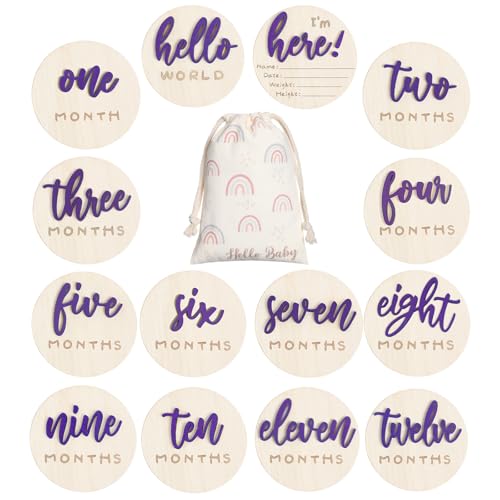 Image of Burbell 7 Pack 3D Baby Monthly Milestone Card Signs Baby Announcement Sign Double Sided Hello World Newborn Signs Wooden Circles Discs for Welcome Newborn Boy Girl Photo Props(Purple,Letter)