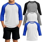 YooAurvox 3 Pack Boy's 3/4 Sleeve Shirts Raglan Crew Neck Tops Baseball Athletic Casual Jerseys 5-14 Old(Light Heather Gray/Black, White/Light Heather Gray, White/Royal Blue,5-6 Years)