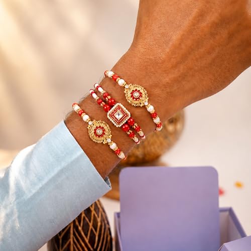 Image of Peora Rakhshabandhan Thread Rakhi for Brother Bhaiya | Crystals & Kundan Studded | Combo, Set of 3 | Rakhi Hamper with Roli Chawal & Greeting Card