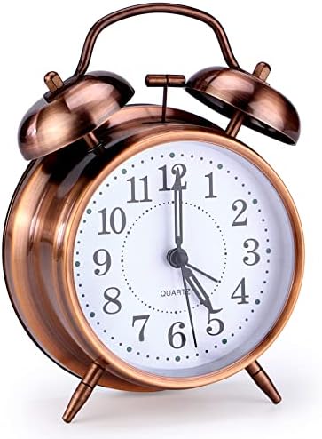 PILIFE Loud Alarm Clock,4 inches Non-Ticking Analog Twin Bell Alarm Clock with Backlight,No Snooze,Battery Operated for Heavy Sleepers,Home Decor,Bronze
