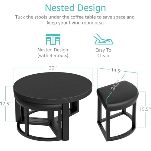 IGERI Round Coffee Table with Stools Underneath - 30 Inch Small Modern Tables Set with 3 Chairs Ottomans Seating Seats Black Wood by IGERI - Used condition - Image 2