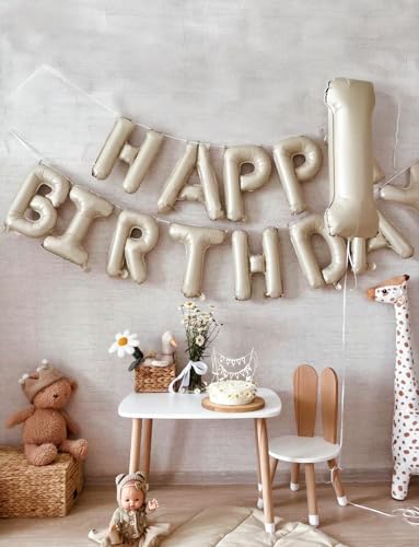 Image of Cream Happy Birthday Balloon Banner, 16 Inch Cream White Happy Birthday Foil Balloons, Neutral Beige Letter Balloons Sign for Women and Girls, HBD Party Decorations, Photo Backdrop Supplies