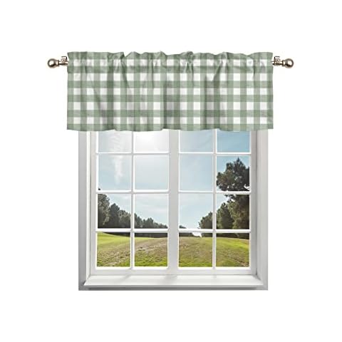 Edwiinsa Sage Green Curtain Valances for Windows Treatment Tier Curtains, Country French Rustic Buffalo Plaid Check Curtain Short Valance Curtain Rod Pocket Curtains for Kitchen Living Room, 54x18 in Cover