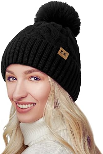 Bobble Hat Women - Winter Beanie Hats Ladies Thermal Knitted Wooly Hats Fleece Lined Cable Knit Hat with Pom Pom