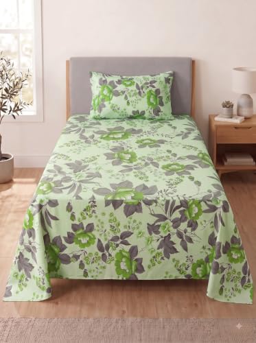 Image of Mafatlal 144 TC Fern Single Bedsheet 90 x 60 Inch | Stylish Printed Bed Cover for Bedroom | Soft Fabric | Comfortable Everyday Bedding with Pillow Cover|Apple Green