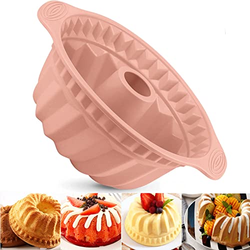 LANYOTA Cake Mould Silicone Baking Pan 24cm 9.5 Fluted Tube Cake Pan Ring Cake Tin for Baking Round Baking Tin with Handle Grips Non-Stick Coating for Chiffon Cake Cheesecake Gugelhupf (Pink)
