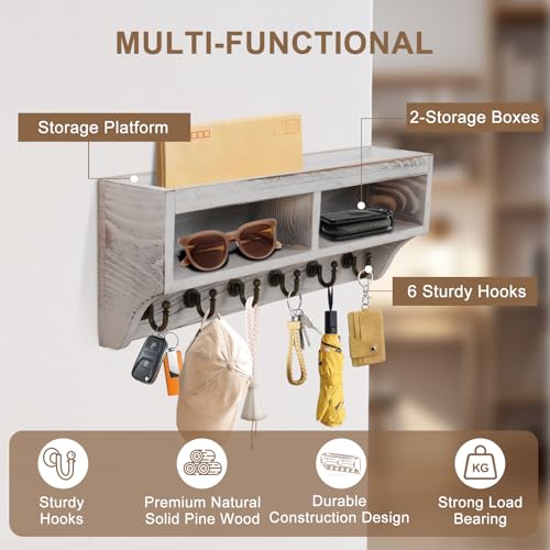 Image of Key Holder Wall Mount - Mail Organizer Wall Mount with 6 Key Hooks and Storage Box for Sunglasses Storage and Dog Leash Holder Home Decor Rack Apartment Farmhouse Shelf Entryway Organizer (White)