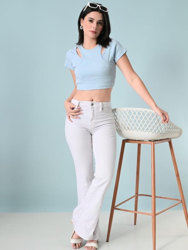 Image of Women's Blue Cotton Ribbed Crop Top | Short Sleeve Cut-Out Design | Stylish Summer Top