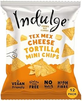 Indulge Tortilla Mini Chips - Tex Mex Cheese Flavour - Gluten Free, Low Salt, Low Fat, Nut Free, Vegan - 20g x 12 bags (20g (Pack of 12), Tex Mex Cheese)