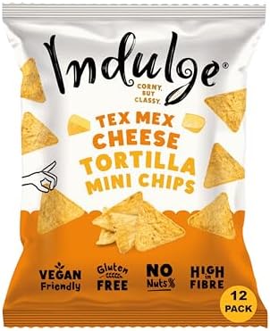 Indulge Tortilla Mini Chips โ Tex Mex Cheese Flavour โ 20g x 12 Bags โ Gluten Free, Vegan, Nut Free, Allergen Friendly, High Fibre Corn Snacks (Pack of 12)