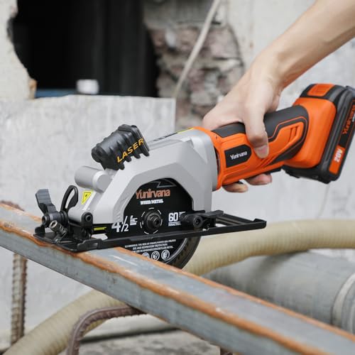 Image of Yunirvana Mini Circular Saw, 20V 3400RPM Professional Cordless Circular Saw, Adjustable Angle and Depth,Max Cutting Depth 1-11 /16 inch(90), 1-1 /8 inch(45), Laser Guide, Rip Guide